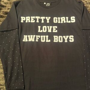 Rhinestone Layered Long-Sleeve Tee with Graphic Text